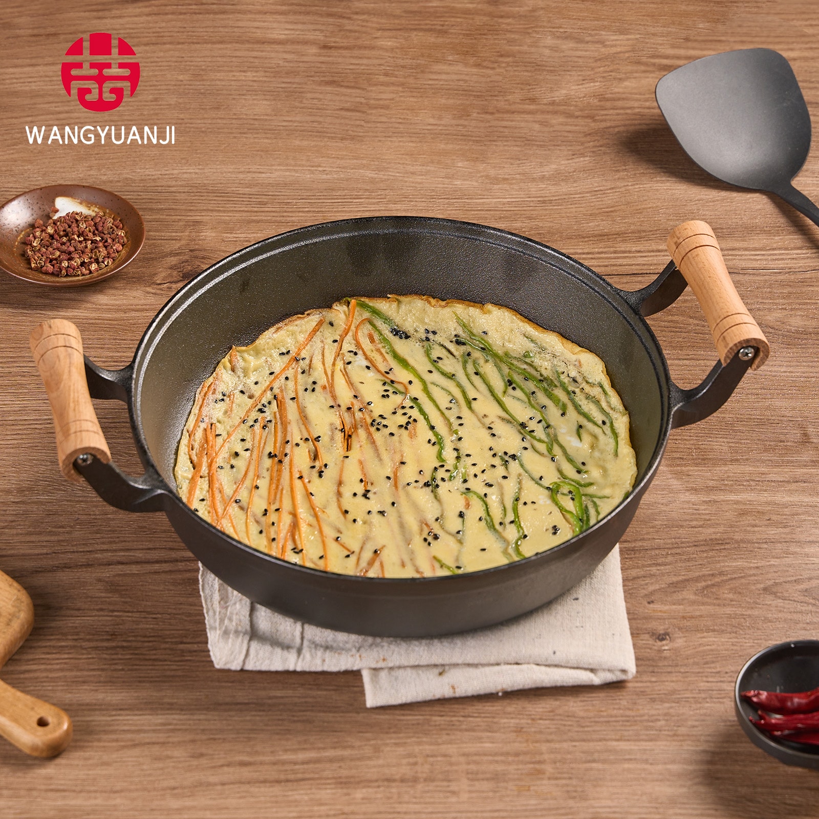 WANGYUANJI 11.8"Pancake Griddle With Wooden Handle, Cast Iron Skillet, Uncoated Pan For Home, Thickened Non-Stick Skillet, Multi-Purpose Skillet With Wire Balls_voghion.com